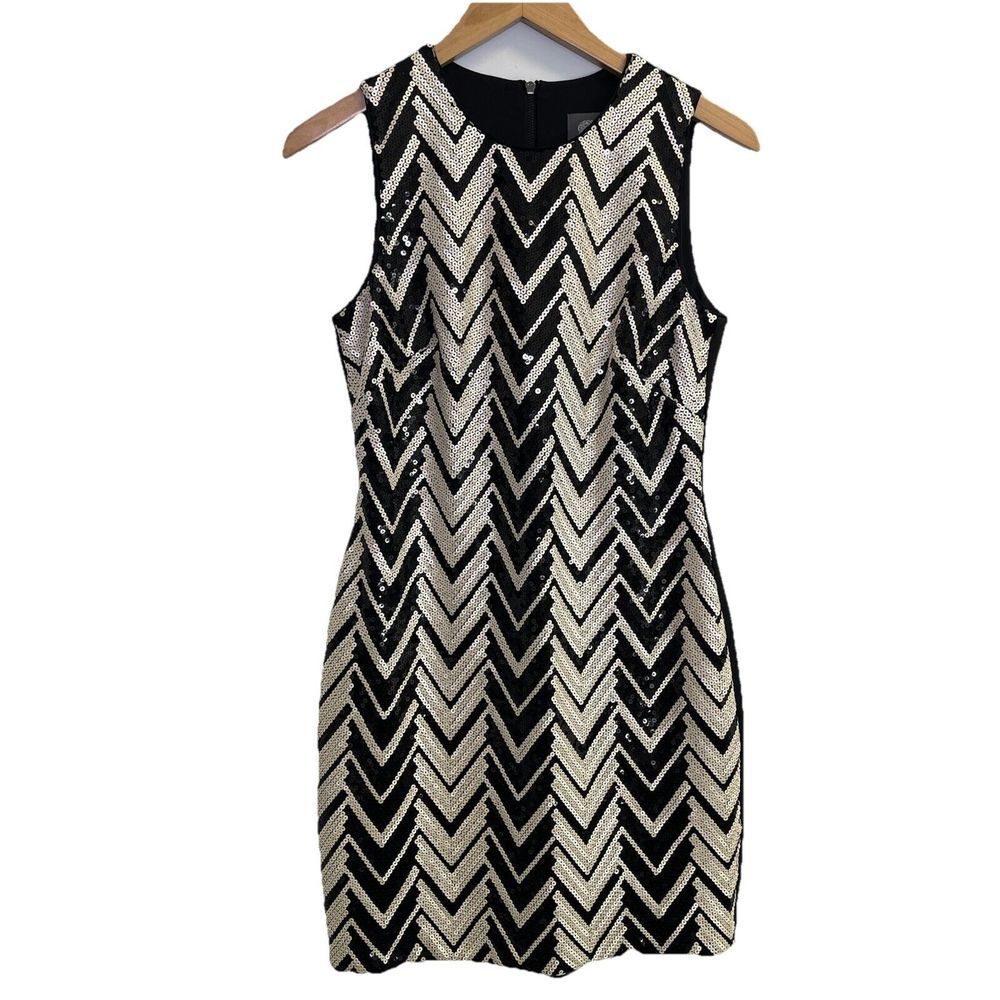 VINCE CAMUTO Gold Sequin Shift Mini Midi Dress Chevron Sleeveless Women's 2